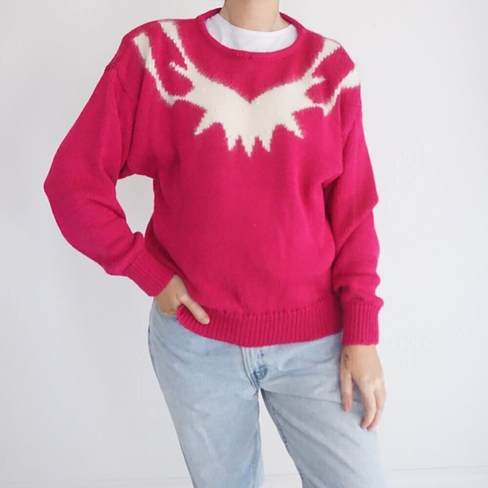 Vintage 80's Dossi Pink Knit w Cream 4% Rabbit Hair 2% Wool Crewneck Sweater L